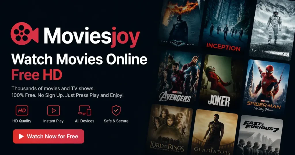 Moviesjoy banner showing “Watch Movies Online Free HD” with dark cinematic theme, movie posters, and streaming features